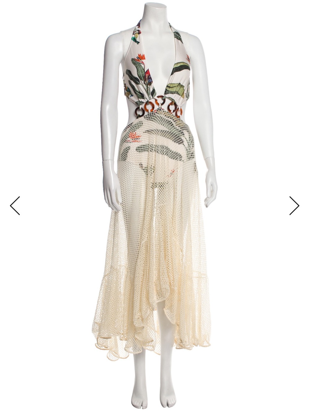 PatBO Cream Halter Midi Dress with Tropical Leaf Print and Ring Detail